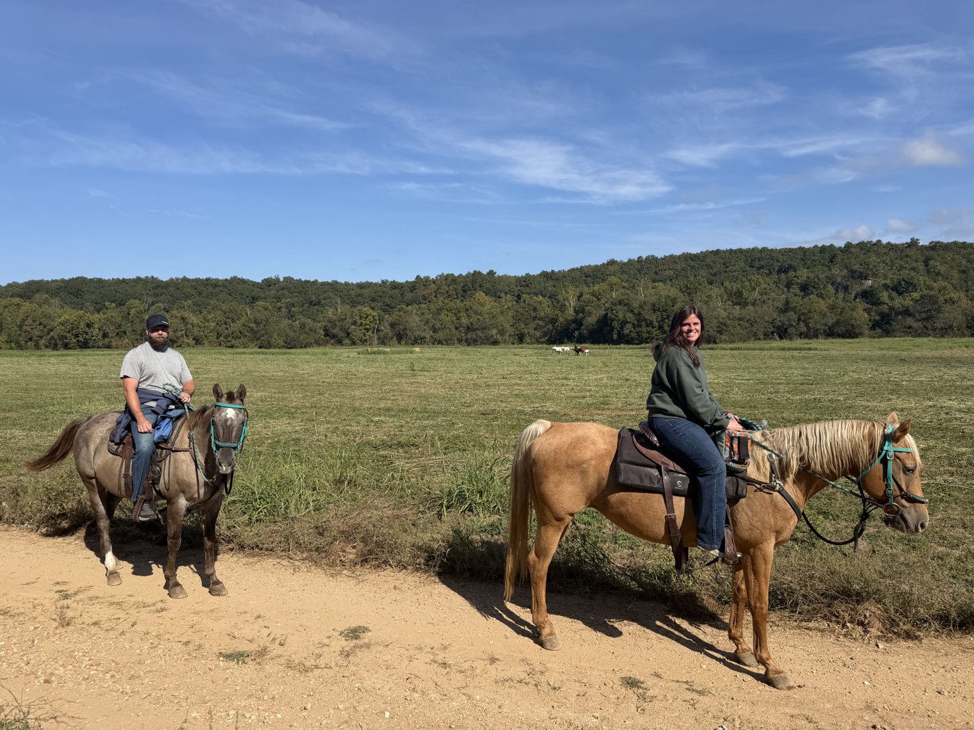 Riders in an open Ozark meadow